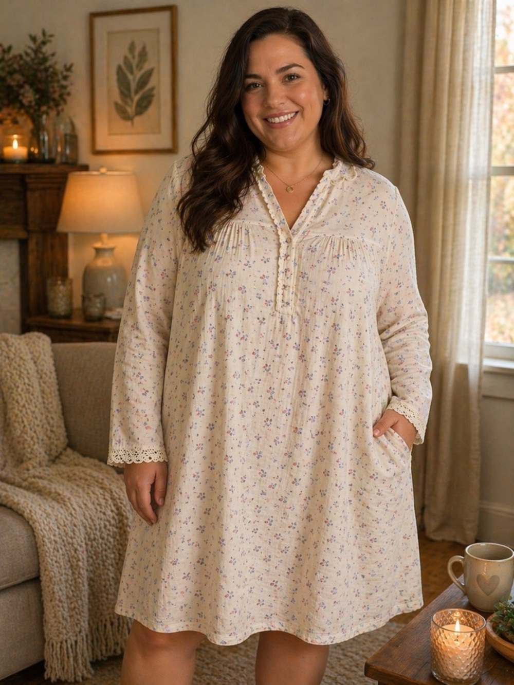 Vintage Cotton Nightgown 16-18 Cream Floral Lace Trim Cottagecore Grannycore